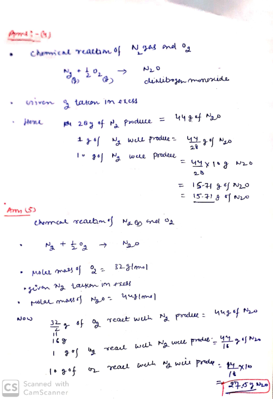 Cheical reaiam of N^as nal o N2O dinlib jen monide Siren takon im ezess Hene wll produe 1 wue pordeae N26 28 S-H N2o 15-718 N