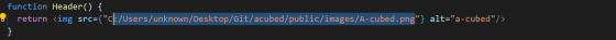 function Header() { return <img src={C:/Users/unknown/Desktop/Git/acubed/public/images/A-cubed.png} alt=a-cubed/> }