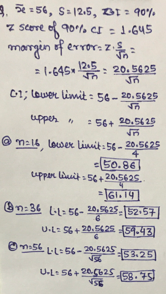 23. 5 = 56, S=12.5, BI ? 90% I score of 90% cb = 1.645 margin of error. z.s. 31-645-1206. - 20.5625 C1; lower limit = 56 – 20