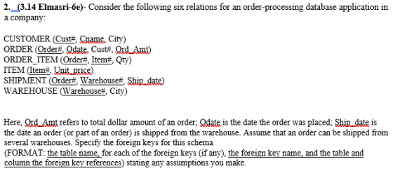 2. (3.14 Elmasri-6e)- Consider the following six relations for an order-processing database application in a company CUSTOMER