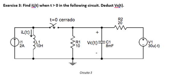 Exercise 3: Find iL(t) whent> 0 in the following circuit. Deduct Vc(t) R2 20 t-0 cerrado iL(t) し1 10H C1 8mF V1 30u(-t) 10 2A