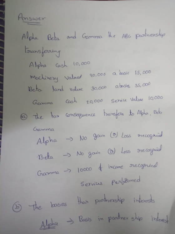 Answer Alpra Beha and Gomma he ABc paotinership lrans forring Alpha Cash lo, o00 a asic 15, 000 machinesy Valued Beta Jand ve