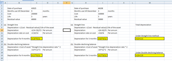 А B С D E F G H I J K L M months Date of purchase 44108 Months use till December 3 Cost 330000 Life 5 Residual value 50000 ye