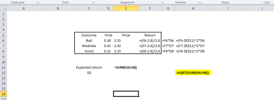 Font Number Cells Clipboard A B C D Alignment E Styles I F G H Outcome Bad Modrate Good Prob Price 0.38 2.55 0.41 2.92 0.21 3