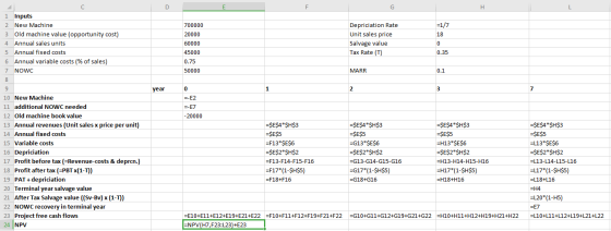 =1/7 18 1 Inputs 2 New Machine 3 Old machine value (opportunity cost) 4 Annual sales units 5 Annual fixed costs 6 Annual vari