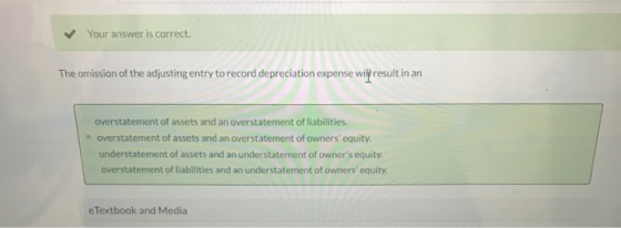 Your answer is correct. The omission of the adjusting entry to record depreciation expense wilt result in an overstatement of