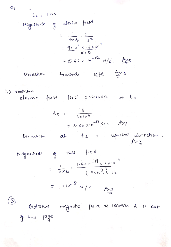 tzi Ins Magnitude og electic field E ao for = 9x109 x 1.6X10 - 16x16 = 5.62x 10-12 N/C towards left Direction Ans Ans b) rad