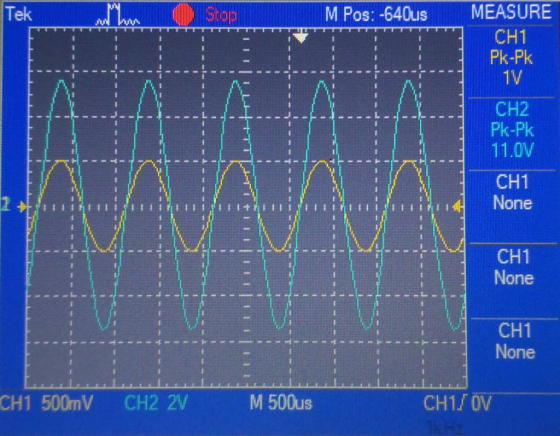 Tek M Pos: -640us MEASURE CH1 PK-Fk 1V CH2 Pk-Pk CH1 None CH1 None CH1 None CH1 500mV CH2 2V M 500us CH1/OV