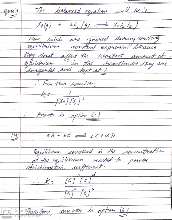 quess The balanced equation will be as - Xelg) + 2F, (g) = Xefuls) Now, solids are ignored during writing equilibrium consta