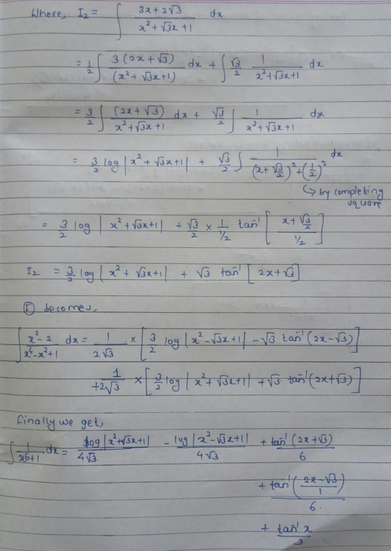 3a+ 23 Where I = xp 3 (2% +V5) (2+ V3x+!) dx 2413x+1 dx t 2. 2. (22+ V3) da t 2. 2²+32 +1 log|2+8x1|| %3D Gby completing x+ V