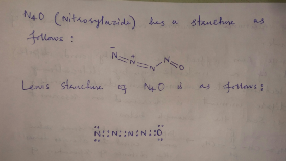N40 (Nitrosylazide) has a follows: structure as •NTO Lewis structure of NGO is as follows: N::N: N.N.:0