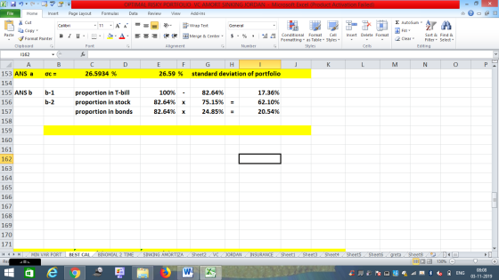 OPTIMAL RISKY PORTFOLIO VC AMORT SINKING JORDAN - Microsoft Excel (Product Activation Failed) Data Review View Add-Ins File H