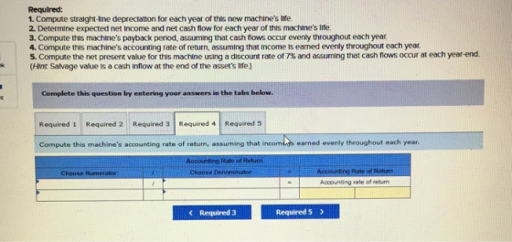 Required: 1. Compute straight-line depreciation for each year of this new machines life. 2. Determine expected net Income an