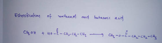Esterification of methand and butanoic and CAOH + Ho _{- CH₂-CH2=CH₂ - CH2 -o-E - CH2=CH₂=CH₂