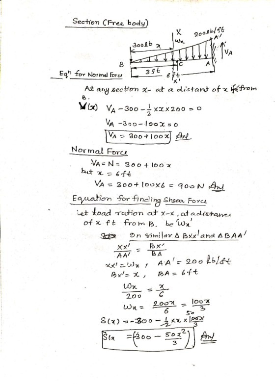 Section (Free body) X Wn 2001b/ft 300 lb 21 مال A 3 ft B. B Eqh for Normal Force 6 ft At any section x- at a distant of a ift