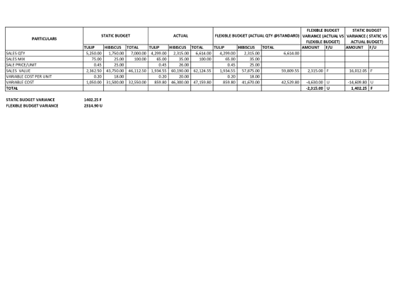 PARTICULARS SALES QTY SALES MIX SALE PRICE/UNIT SALES VALUE VARIABLE COST PER UNIT VARIABLE COST TOTAL FLEXIBLE BUDGET STATIC