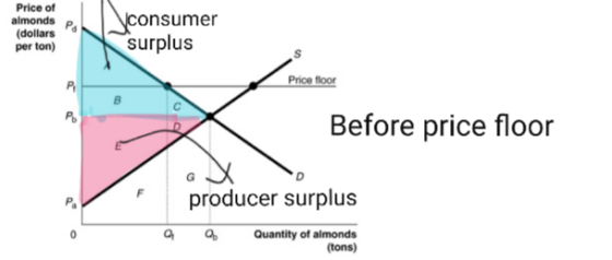 Price of almonds P (dollars per ton) consumer surplus Price floor B Before price floor GX producer surplus a Quantity of almo