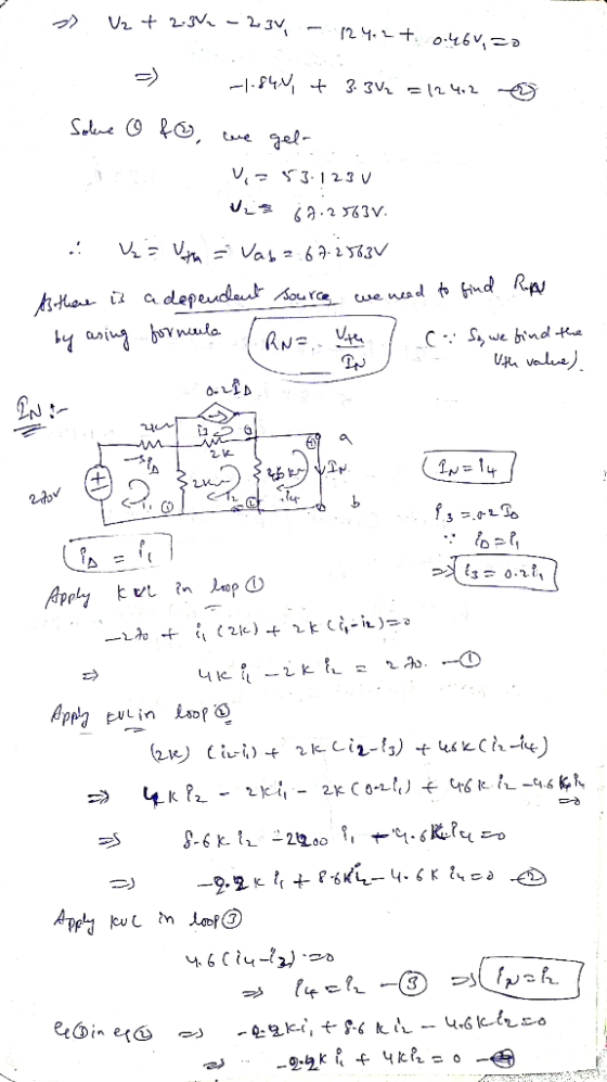 V2 + 2.34 - 234 124.2 +0.446V, -1.844, + 3.342 = 12.4.2 Solve o fo, we gel- V-53.123V Vis 67.2563V. U = Utha Vaya 67.2563V :