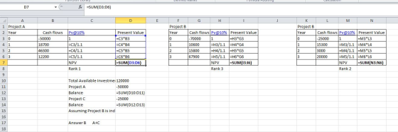 fx =SUM(D3:06) - D E G H L MN А 1 Project A F Project B Year K Project B Year 30 4 1 Cash flows Pv@10% -50000 18700 =C3/1.1 4