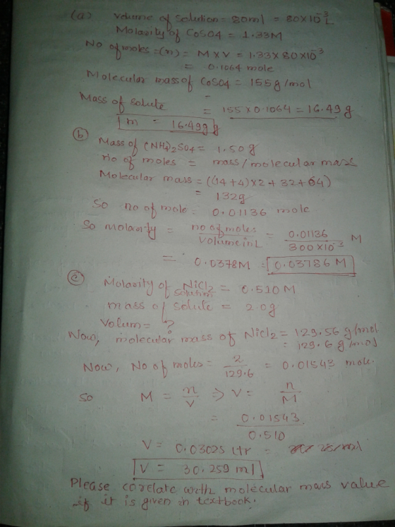 (a Vckeme o Solui 16 49 mass / molecular mn massこ(44 +4) x 2+32+64) Molecec lar 1320 001136 ol Sc) 几Л O laol..1у 0.01136 Volu