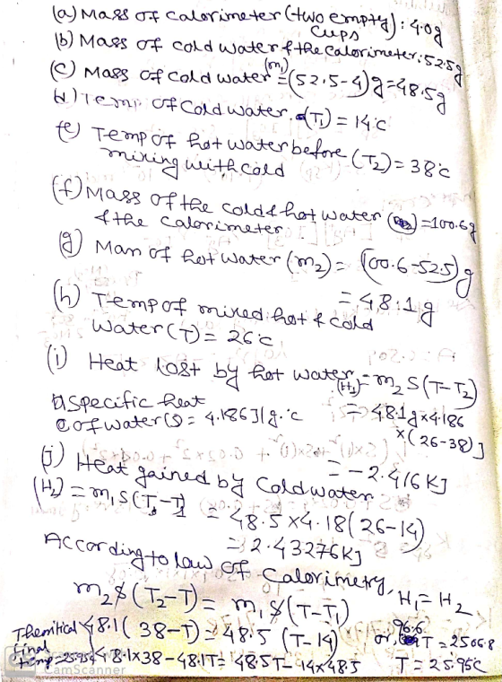 (aMaRs a Calorimeter(two enpta ° b) Maes af cold woderf4ReCalorimsjtr:s2 CuPs 5-9)&48s३ -2-3 Magg Cf Cold water (52.5- Tem Cf