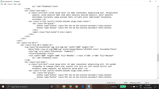 Bootstrap.html - Notepad File Edit Format View Help dy=.3em>Thumbnail</text> </svg> <div class=card-body> <p class=card-