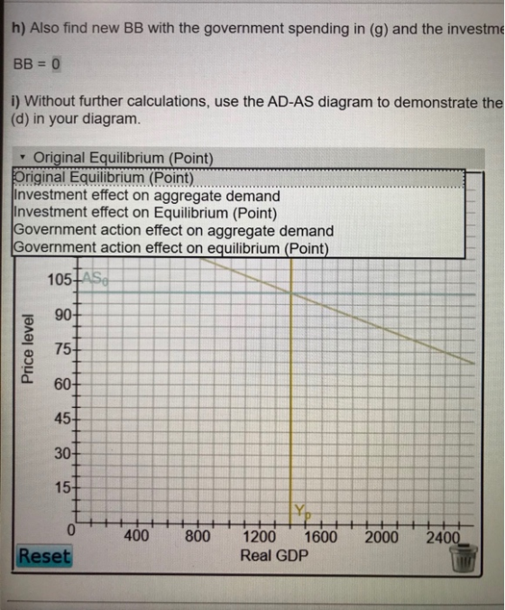 h) Also find new BB with the government spending in (g) and the investme BB = 0 i) Without further calculations, use the AD-A