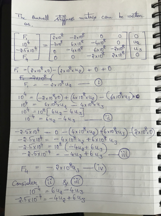 The Onerall stiffness matrix can be written aus | F7 PX10% —@x1080001 1 104 = -2x18 6x108 - 4x108 o uz To - 4x108 6x105 - 201