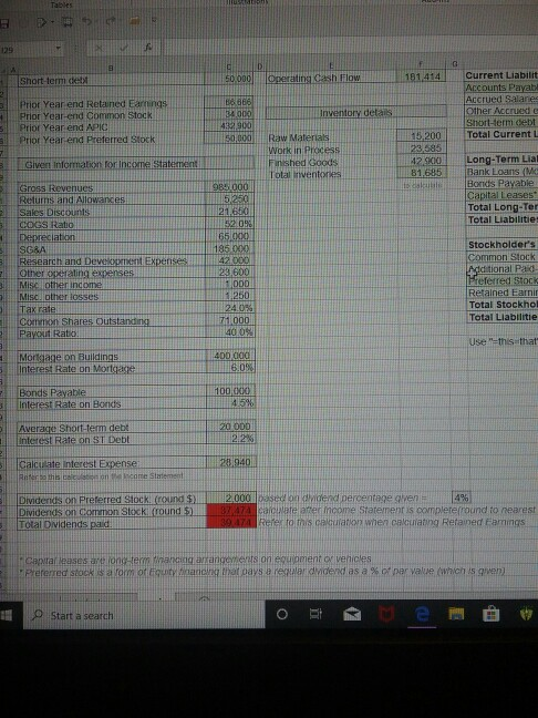 Short-term 50.000 orating Cashow 101.414 Prior Year end Roland Earnings Prior Year-end Common Stock Prior Year end APIC Prior