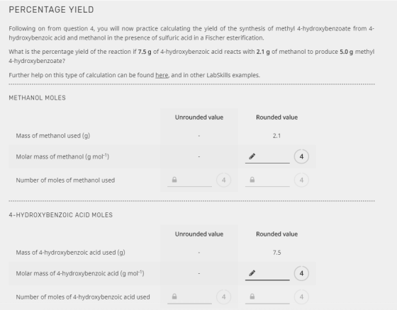PERCENTAGE YIELD Following on from question 4, you will now practice calculating the yield of the synthesis of methyl 4-hydro