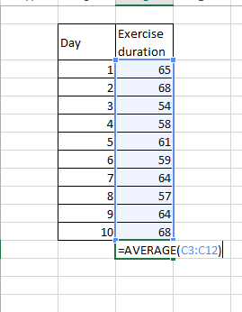 Day Exercise duration 1 65 2 68 3 54 4 58 5 61 6 59 7 64 00 57 9 64 10 68 |=AVERAGE(C3:012)