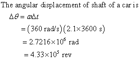 The angular displacement of shaft of a car is - (360 rad/s) (2.1x3600 s) 2.7216x106 rad -4.33x103 rev