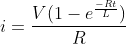 i=\frac{V(1-e^{\frac{-Rt}{L}})}{R}