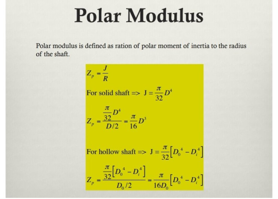 Polar Modulus Polar modulus is defined as ration of polar moment of inertia to the radius of the shaft. Z J R л For solid sha