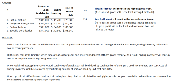 1) First-in, first out will result in the highest gross profit. (As its cost of goods sold is the least among 4 methods) Answ
