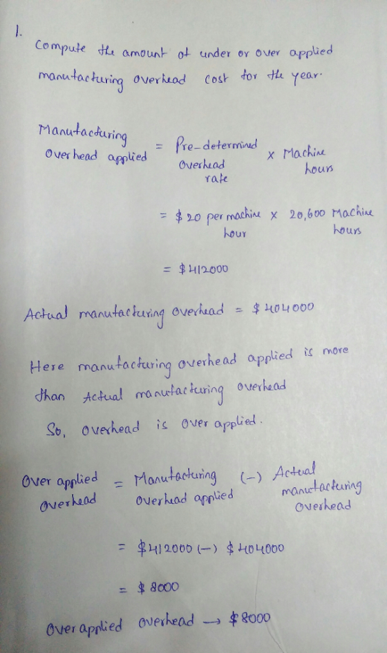 compute the amount of under or over applied manufacturing overhead cost for the year. Manufacturing Overhead applied Pre-dete