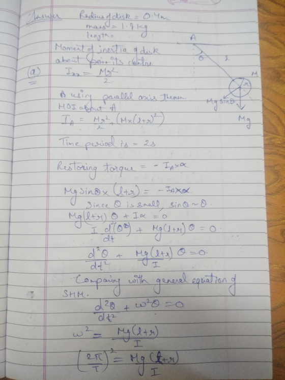 su Radius of disk = 0.4 mass = 10kg length= S Moment of inertia a disk about Soir its centre For Mor A using parallel axis th