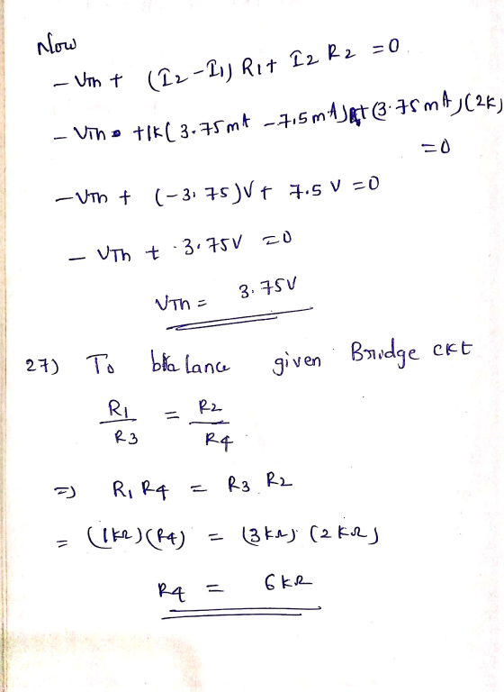Now - Vnt (12-1) Rit I2 R2 =0 - Vino Tik(3.75 mt - 7,5mlJet 3.75 mA (26) =0 - UTO + (-3. 75 )Vt 7.5 V =0 Uth t 3.750 =0 3 75V