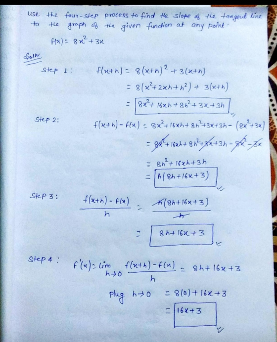 to use the four-step process to find the slope of the Hangout line the graph of the given function at any point. f(x) = 8x² +