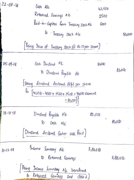 : 22-08-18 Cash Ale Retained Eamings Alc Paid-in - Capital hom Treasury Stock Alu To · Treasiny Stock Alo 42,500 1500 6000 50