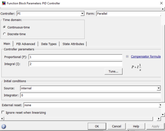 Function Block Parameters: PID Controller X Controller: PI Form: Parallel Time domain: Continuous-time Discrete-time Main PID
