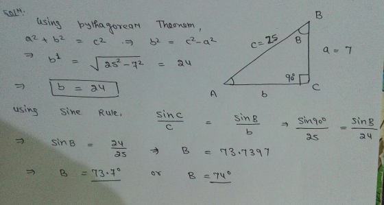 B using a2 + b² 25 Theonem , 62 - c²_a² = 24 a = bythagorean = c2 - vas²-72 = au 7 98c > 15 A b using sine Rule, sinc - Sing