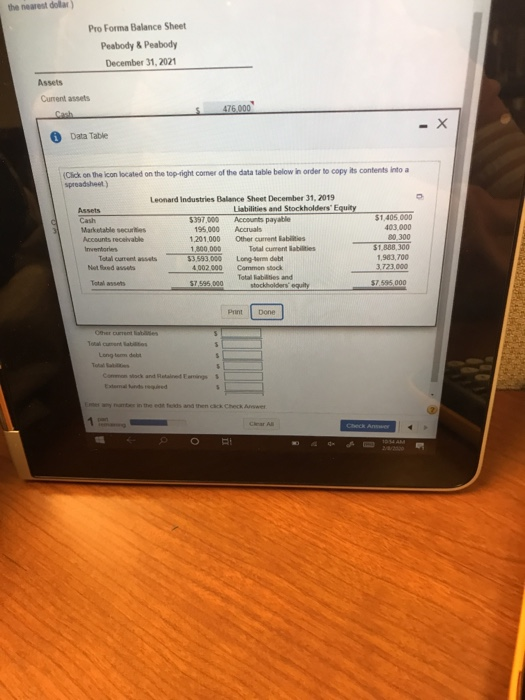 the newest dolar) Pro Forma Balance Sheet Peabody & Peabody December 31, 2021 Assets Current assets 6 Data Table (Click on th