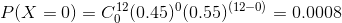 P(X = 0) = C12(0.45)º(0.55) (12-0) = 0.0008
