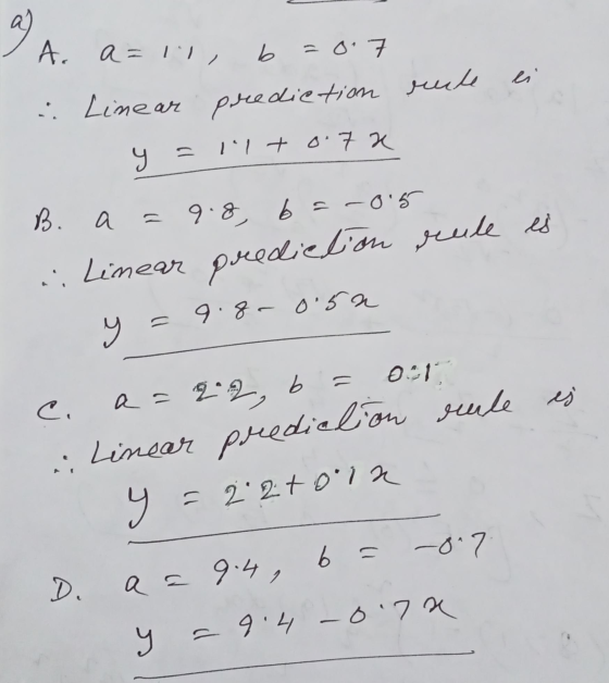 a) A. a=1l, b = 0 7 ei : Linear prediction rule 1.1 +0.7a y -0.5 B. a 9.8, b .. Linear prediction rule es y = 9.80 0.52 021 C