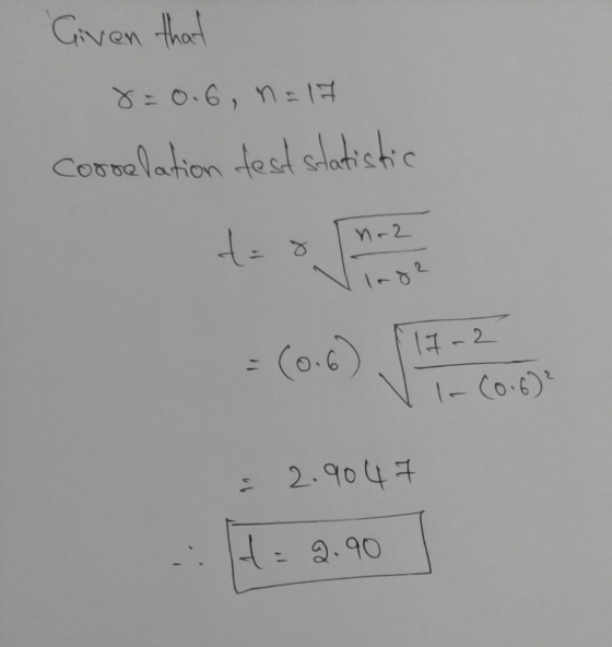 Gven thart O.0m= 1 Cormlation test slatistc -2 102 (o.6) 1-2 1-Co.6)0 2.१० ५ न 2.90