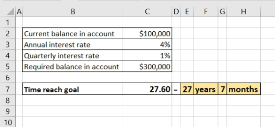 A В C DE F Н 1 Current balance in account $100,000 2 Annual interest rate Quarterly interest rate Required balance in account