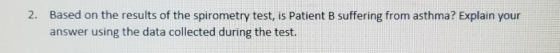2. Based on the results of the spirometry test, is Patient B suffering from asthma? Explain your answer using the data collec