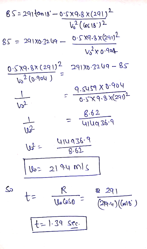 65=291 ton is – 0:5X98 x(29192 laz (Cos 18)2 85 = 291X0.2249 – 0.5X9-8 x(29132 ²x0.900 0.5x9.84(2912 291X0:32U9 - 85 = Vo?