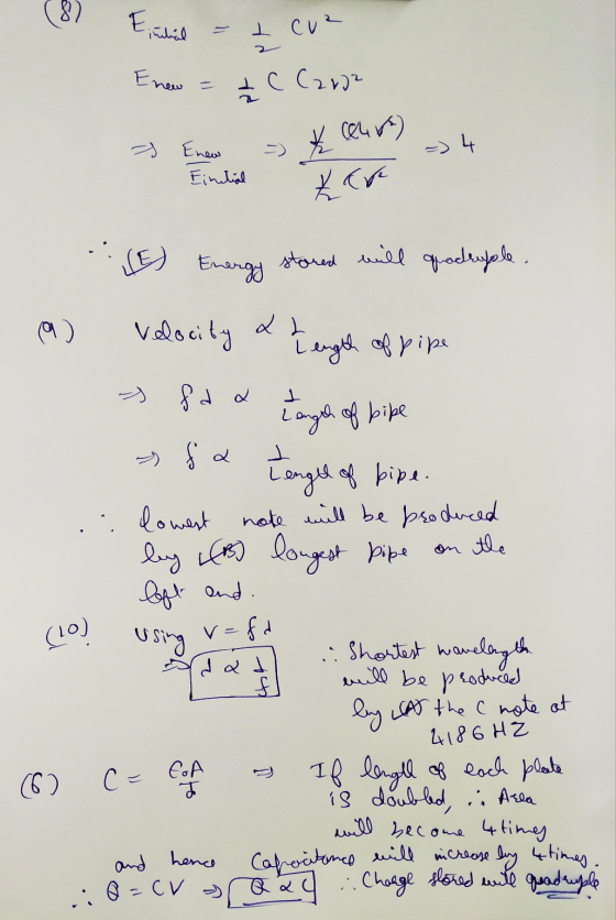 Einkel - 1 cuz Enew = 2 2 C C2002 V ceuro 4 (E) Energy stored will quadruple. (9) velocity & Length of pipe s fra Lange of pi